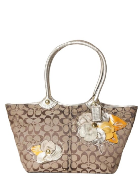 Coach Handbags - Coach Bleecker Khaki Signature Patchwork Floral Metallic Gold Tote Bag Y2K